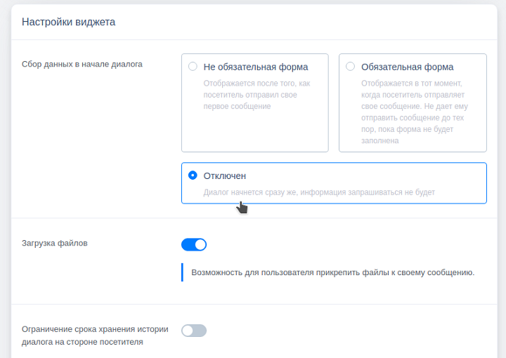 Отключение формы сбора данных в начале диалога