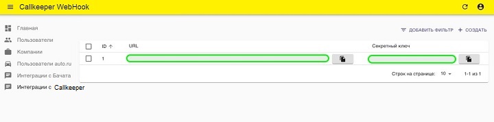 URL и секретный ключ в таблице интеграций CallKeeper WebHook